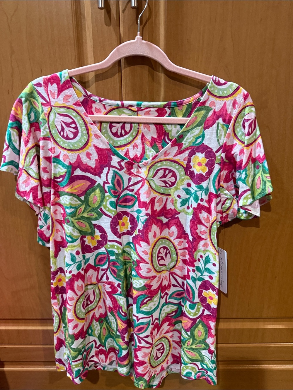 Soft Surroundings Pink & Green Floral V-Neck Short Sleeve Top
